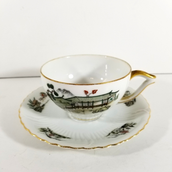 Gold China Other - Gold China Cup And Saucer Pagoda House Scenes Made in Japan Vintage Porcelain